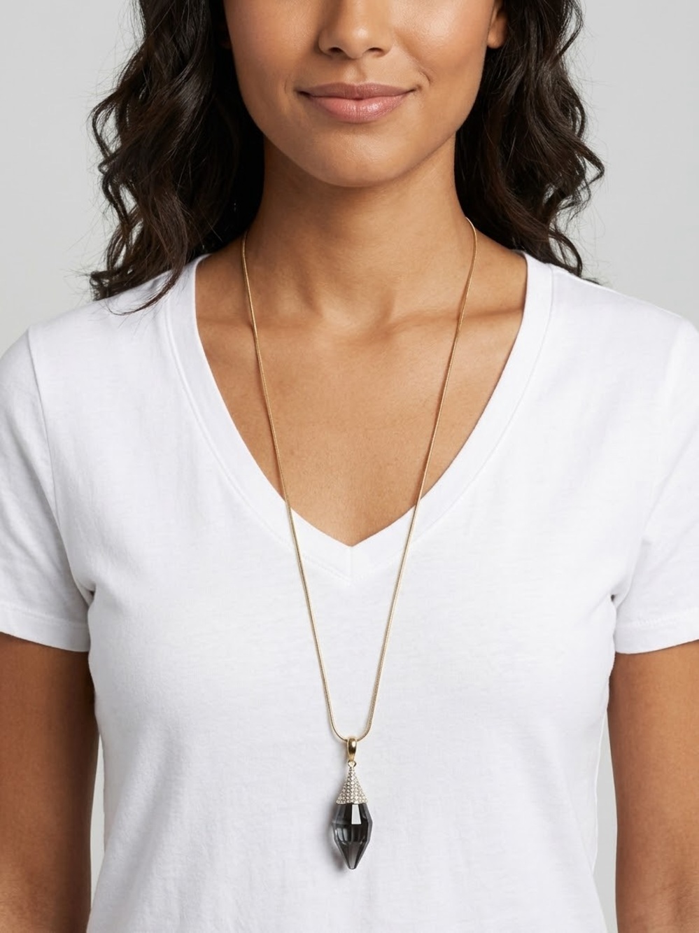 Laura Gold-Tone Pavé Rhinestone Smoky Crystal Point Long Snake Chain Necklace